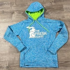 LivnFresh The Fresh Coast Michigan Hooded Sweatshirt Sz Medium Blue & Lime